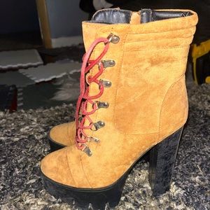 Tan HIGH Heeled Boots With Red Laces